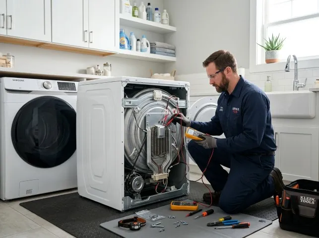Appliance Repair Hero technician checking a dryer heating element with the rear panel off in Big Bear City, CA