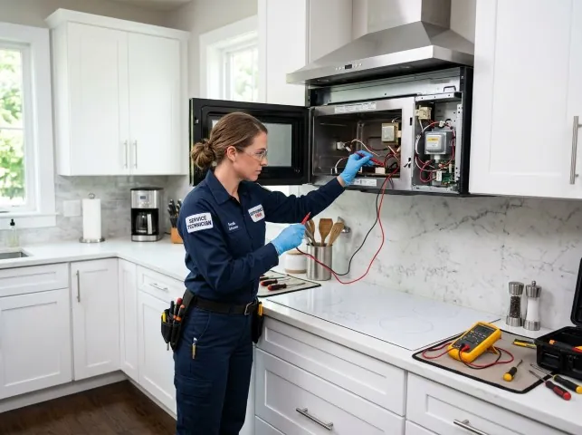 Appliance Repair Hero technician testing an over-the-range microwave in a Big Bear City, CA kitchen