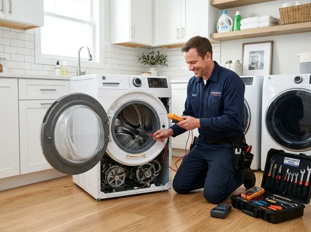 Appliance Repair Hero technician testing a front-load washer with a multimeter on a Big Bear City, CA service call